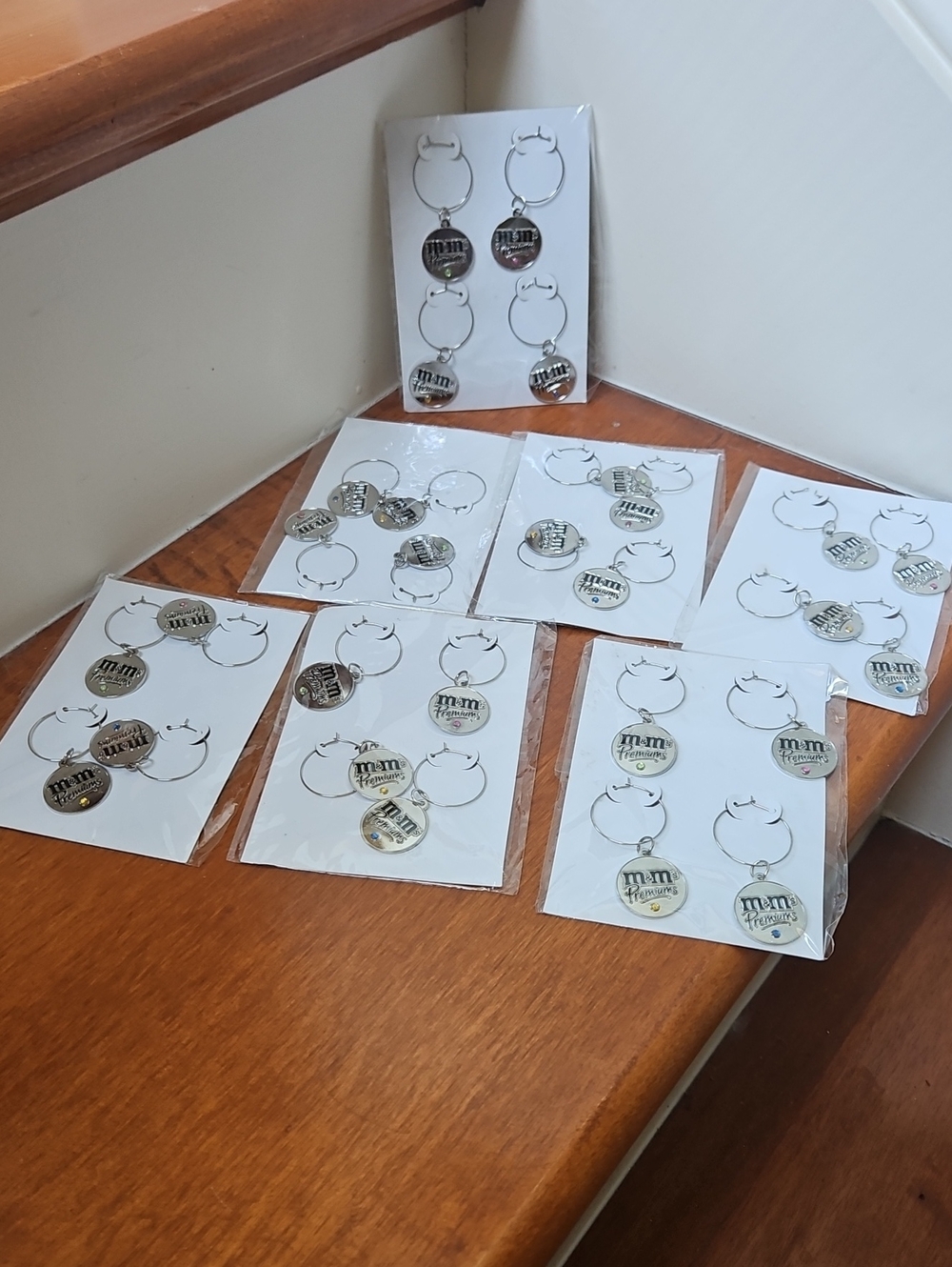 7 PACKAGES of M&M'S Silver-Tone "STEMWARE"/winegla$$  Charms with color dots